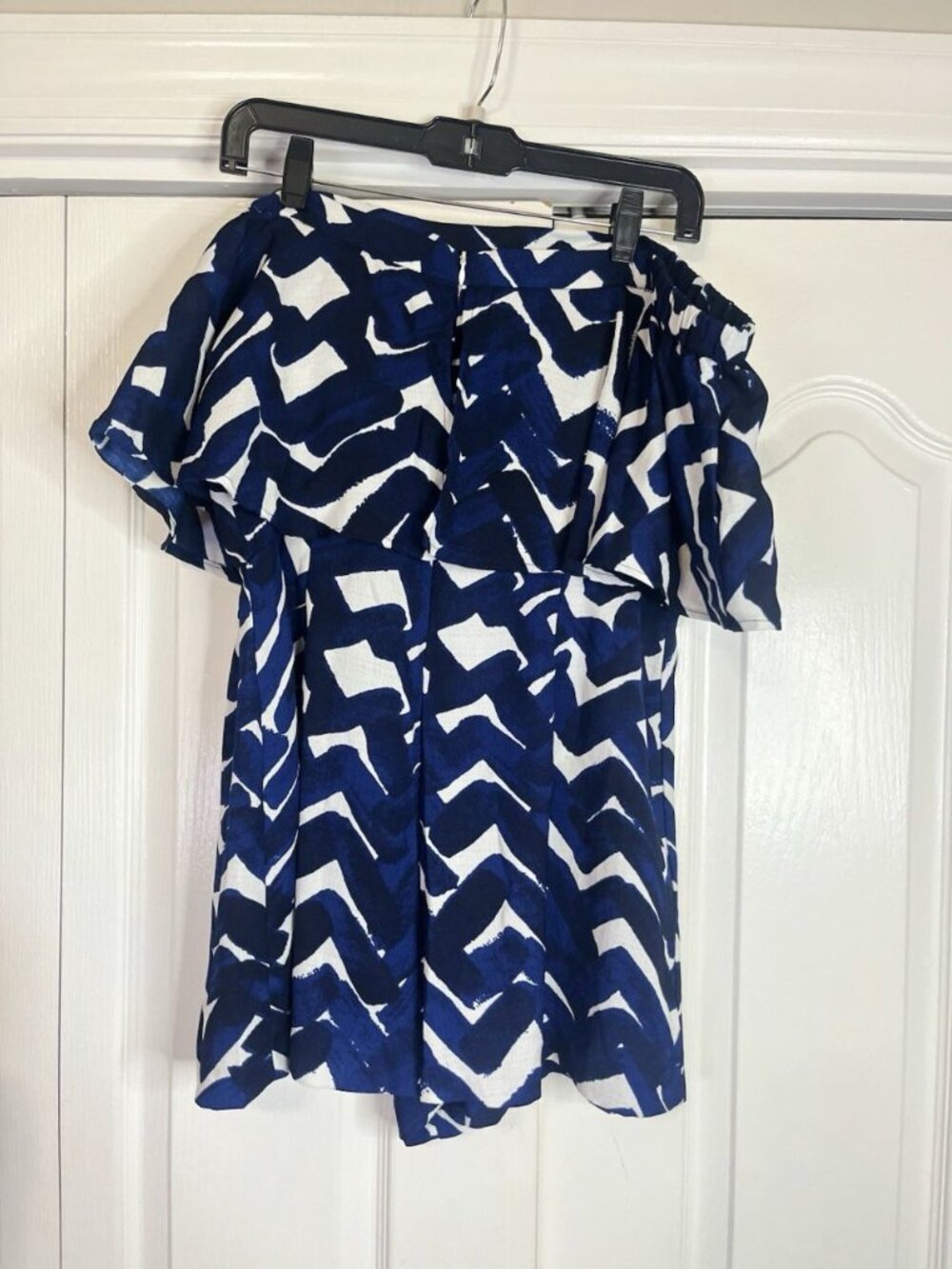 Flying Tomato Off The Shoulder Romper Sz L Abstract Blue Black Ruffled Elastic - Picture 7 of 9